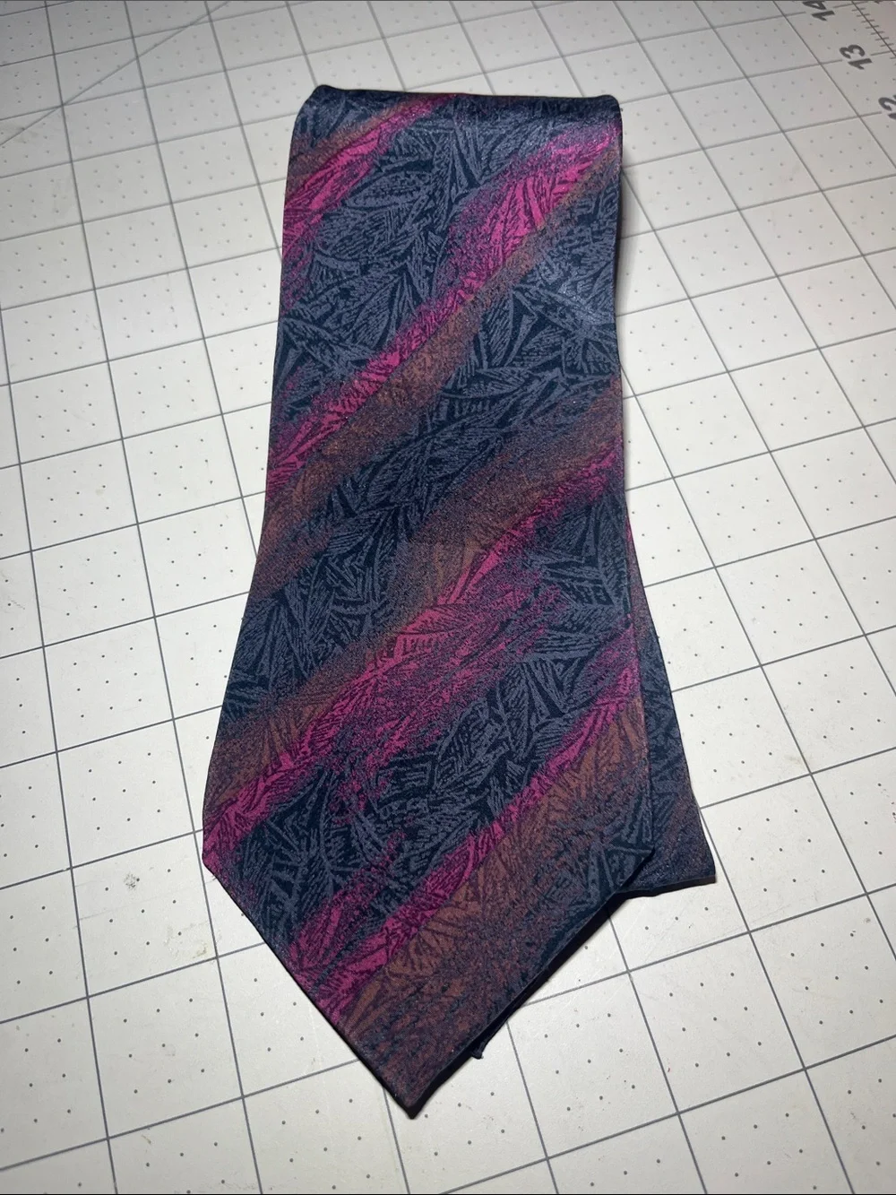 Navy Tie with Magenta and Bronze Diagonal Accents